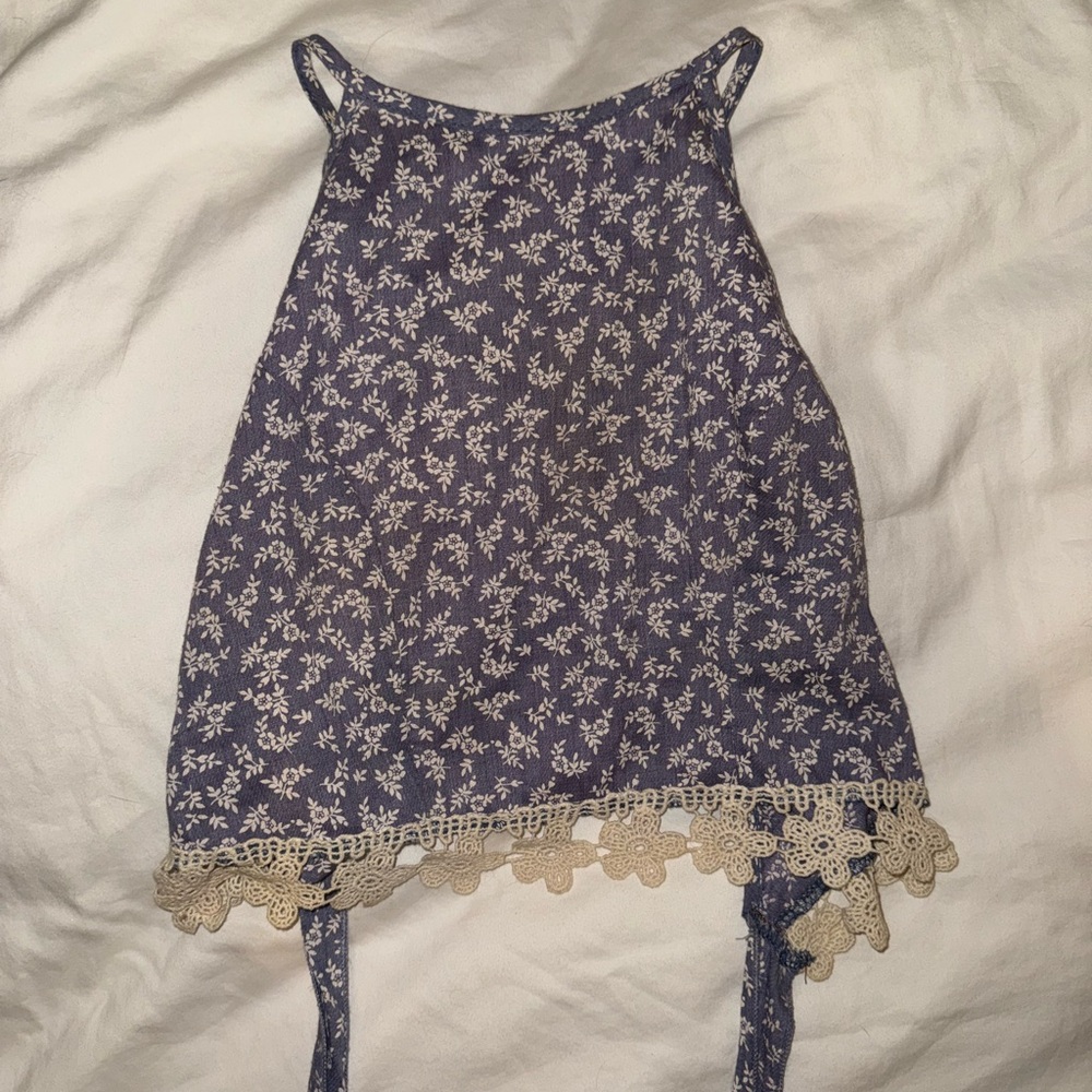 Love Culture Blue Floral Top with Cream Lace